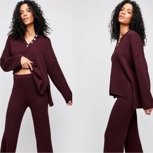 Free People Burgundy Knit Sweater and Pants Set
